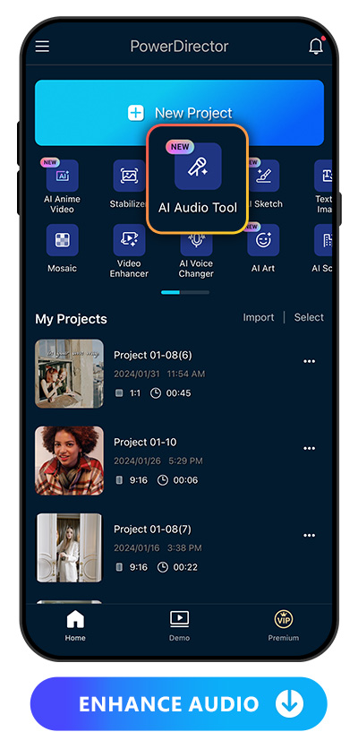 highlight AI Audio Tool feature at PowerDirector's launcher page